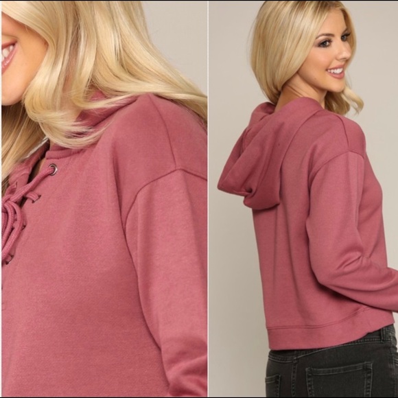 New! Sale 🎉SOFT! Lace Up Mauve Trendy Cropped Sweatshirt Hoodie warm - Picture 3 of 6